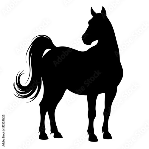A sleek black silhouette of a majestic horse stands poised against a clear backdrop, showcasing its elegant form and powerful presence.