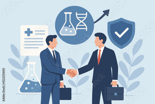 Medical merger success concept. Businessmen handshake, healthcare partnership agreement. Pharmaceutical collaboration, biotechnology research growth, secure deal with medical icons vector.