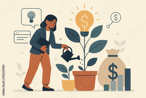 Businesswoman nurturing innovative startup success. Investor watering money plant with lightbulb idea for financial growth. Concept business development, funding, profit, investment.