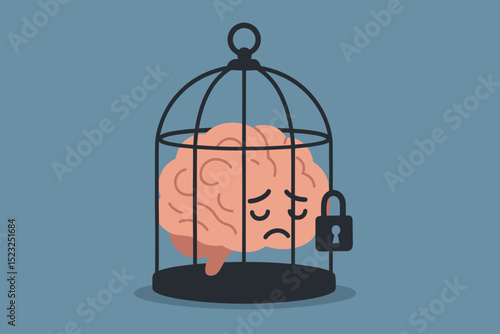 Trapped mindset. Sad brain in cage. Mental block concept. Fixed thinking. Psychological prison metaphor. Limited beliefs. Emotional stress. Anxiety. Mental health illustration. Unhappy mind prisoner.