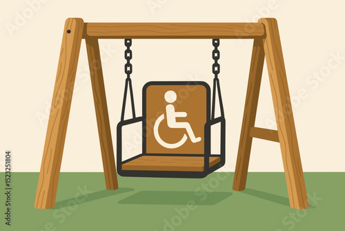 Accessible playground swing for wheelchair users. Inclusive design vector graphic. Park equipment promoting disabled children's recreation, equal play, outdoor fun, and social inclusion.