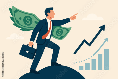Businessman with money wings pointing to a growth chart. Financial success and visionary leadership concept. Business investment, stock market growth, and profit metaphor vector.
