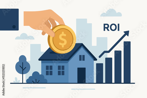 Property investment concept. Hand putting dollar coin into house, symbolizing real estate savings. ROI chart showing financial growth, mortgage and wealth building. Business finance illustration.
