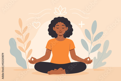 Black woman meditating in lotus position. Mindfulness concept for mental health, peace, and calm. Yoga practice for self-care, wellbeing, and stress relief. Serene spiritual journey illustration.