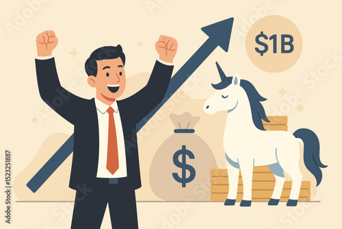 Unicorn startup success celebration. Businessman achieves $1 billion valuation. Investment growth concept. Financial achievement, venture capital funding. Market leader. Vector illustration.