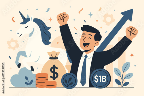 Unicorn startup success celebration. Businessman achieves billion dollar valuation. Financial growth, investment triumph, market leader concept. Happy entrepreneur with money bag, coins, arrow.