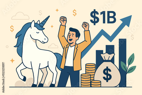 Unicorn startup celebration with entrepreneur cheering $1B valuation. Financial success, investment growth, business achievement graph, money bag, coins. Venture capital milestone concept.