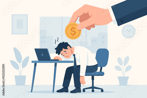 Motivation boost for tired employee. Overworked businessman receiving financial incentive, coin for productivity. Burnout, stress at office desk. Corporate bonus, salary, payment concept.