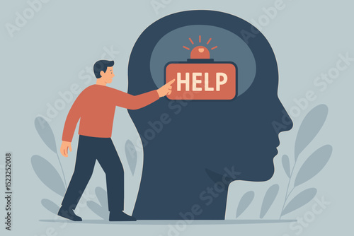 Mental health support concept. Man activating help button, emergency siren in human head silhouette. Psychology, therapy, mind wellness, crisis aid. Awareness for mental illness, stress.