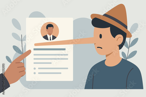 Pinocchio effect on resume. Liar job applicant with long nose on CV. Deception in hiring, fake credentials concept. HR recruitment fraud, dishonesty metaphor. Misrepresentation in job seeking.