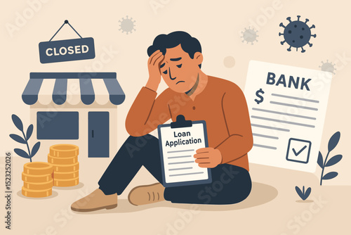 Financial aid desperation. Stressed small business owner with loan application. Closed shop, economic crisis, pandemic impact. Bankruptcy, unemployment, debt, financial struggle concept.
