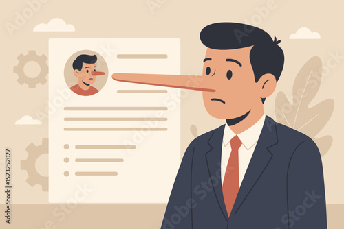 Pinocchio resume concept. Lying on job application. Businessman with long nose. Dishonesty, deception, fake information in CV. Recruitment fraud. Unethical hiring. Cheating metaphor.