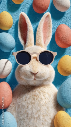 Bunny Wearing Sunglasses Surrounded by Colorful Eggs During Easter Celebration.