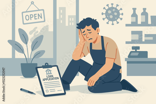 Small business financial crisis. Shop owner despair, loan application. Pandemic economic impact. Man stress, store bankruptcy. Covid-19 business support. Entrepreneur hardship. Aid needed. Vector.