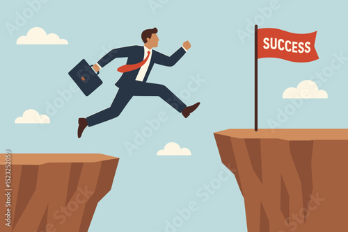 Businessman leaping over chasm to reach success flag. Concept of achieving goals, overcoming obstacles, ambition, motivation, career growth, risk taking, and business strategy. Vector.