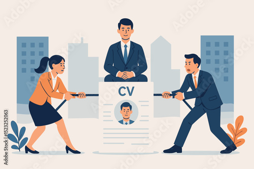 Recruitment tug of war concept. Business rivals compete for top candidate. CV, resume. Hiring battle, talent acquisition, human resources war for talent. Corporate headhunting strategy.
