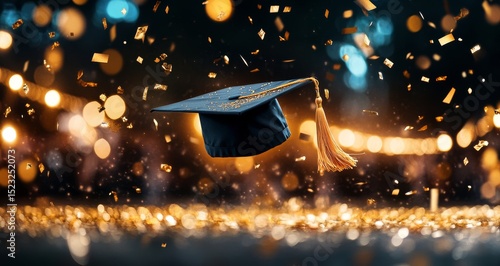 Celebratory Graduation Cap Floating Amidst Sparkling Confetti During a Joyful Event