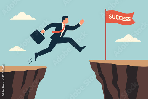 Ambitious businessman with briefcase leaps over cliff chasm to reach success flag. Concept of risk taking, overcoming obstacles, achieving goals, career ambition, and business growth. Vector.
