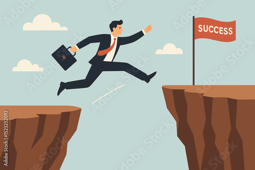 Businessman bravely leaping across a chasm, a metaphor for taking risks to achieve success. Concept of overcoming obstacles, reaching goals, career ambition, motivation, and strategic business growth.