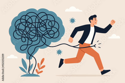 Mental health liberation. Man escapes tangled mind. Overcoming anxiety, stress, depression. Psychology: untangling thoughts for clarity, well-being, resilience. Freedom from mental burden.