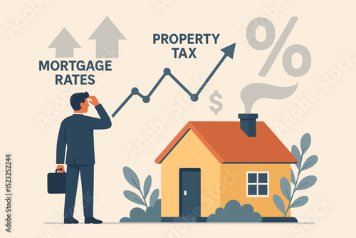 Real estate market analysis. Businessman concerned by rising property tax and mortgage rates. Concept of housing crisis, home ownership costs, inflation, and investment risk.