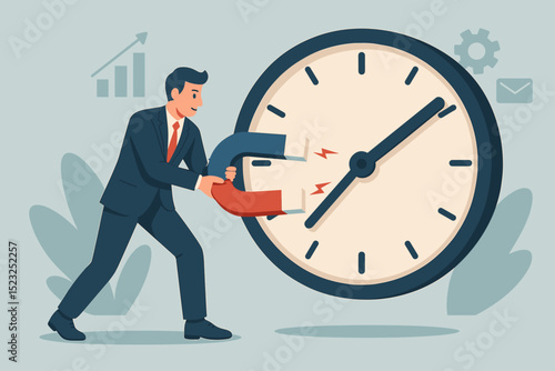 Time management metaphor. Businessman with a magnet controls the clock. Business strategy for productivity, efficiency, deadline management, and work schedule optimization.