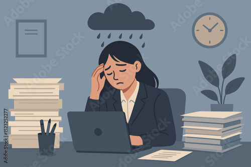 Stressed office worker experiencing burnout. Overworked sad woman under pressure from deadline. Tired, exhausted employee with headache. Mental health, depression, anxiety concept.