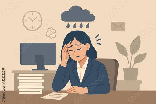 Burnout concept with tired business woman at work. Stressed, sad, and depressed female employee with headache. Metaphor for mental health, anxiety, and professional overwork.