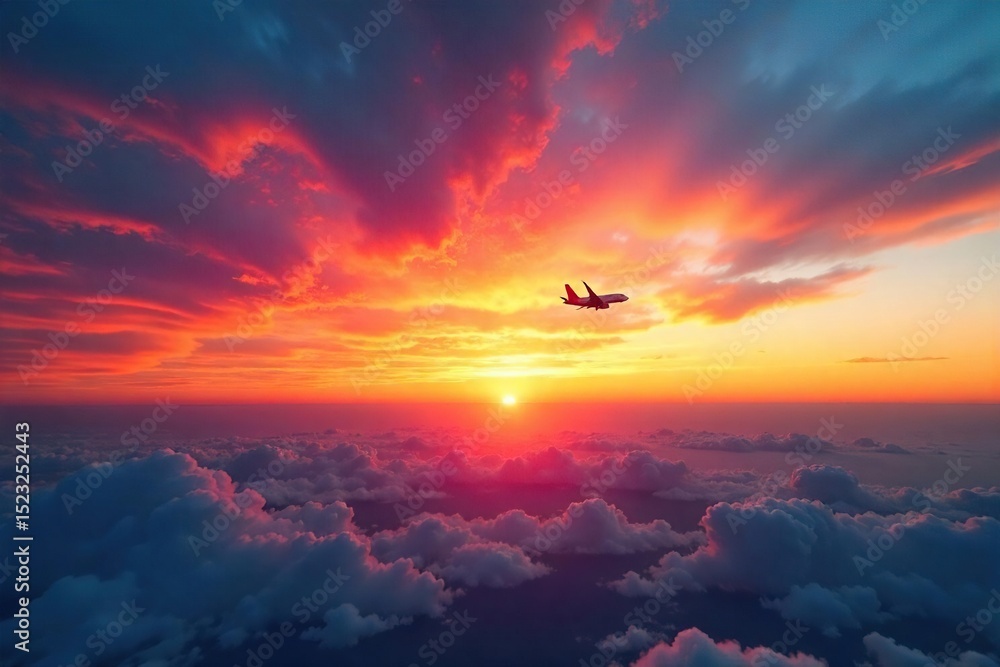 Obraz premium A lone airplane soars through a vibrant sunset sky, embodying the boundless freedom of flight The vastness of the open sky symbolizes limitless possibilities and adventure , serenity, freedom