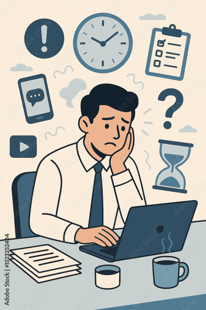 Office Worker Stress Productivity Deadline. Overwhelmed Employee at Desk with Laptop, Coffee, Papers, Clock, Hourglass, To-Do List, Chat Message. Workplace Time Management, Overload Concept Office Worker Stress Productivity Deadline. Overwhelmed Employee at Desk with Laptop, Coffee, Papers, Clock, Hourglass, To-Do List, Chat Message. Workplace Time Management, Overload Concept