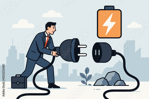 Businessman Plugging in Giant Power Cord to Recharge Energy, Corporate Motivation, Burnout Recovery, Productivity Boost, Work Life Balance, Electric Battery Concept, Urban Office Background