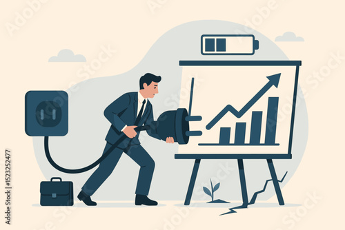 Businessman Powering Up Growth and Productivity, Charging Success with Energy, Plug Boosts Business Performance, Increasing Profits, Financial Growth, Motivation Concept, Vector Illustration