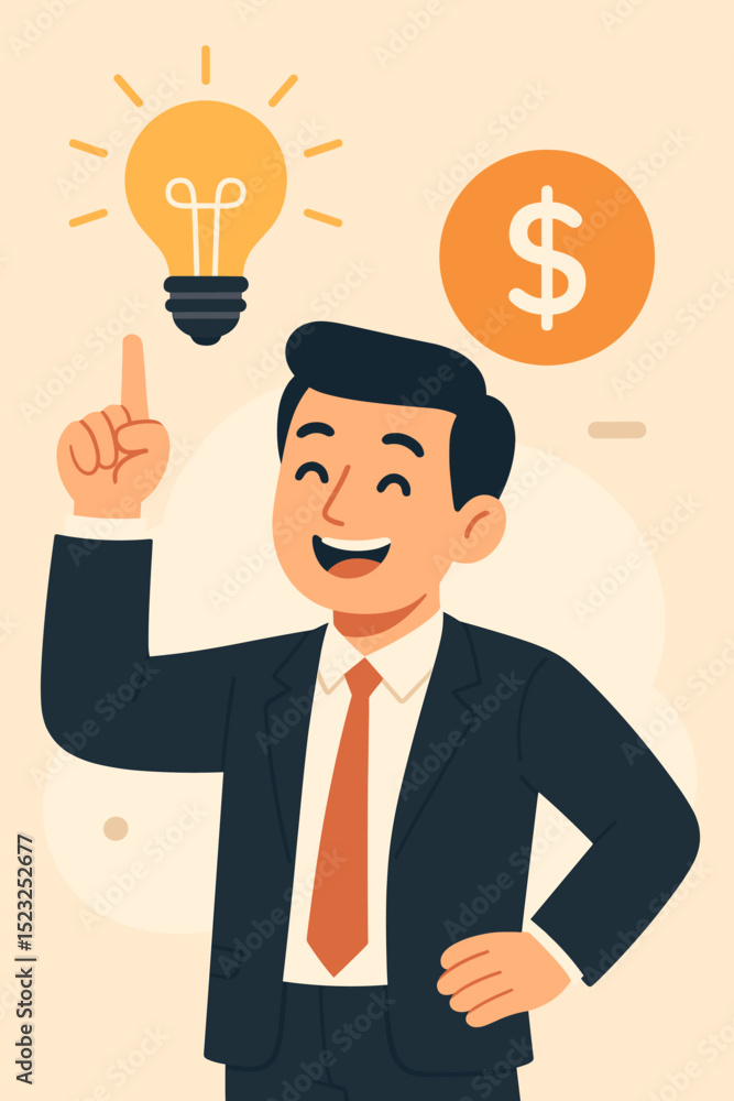 Happy businessman in suit with a brilliant idea, pointing up at a glowing lightbulb and dollar sign. Innovation and financial success concept, creative profit solution. Happy businessman in suit with a brilliant idea, pointing up at a glowing lightbulb and dollar sign. Innovation and financial success concept, creative profit solution.