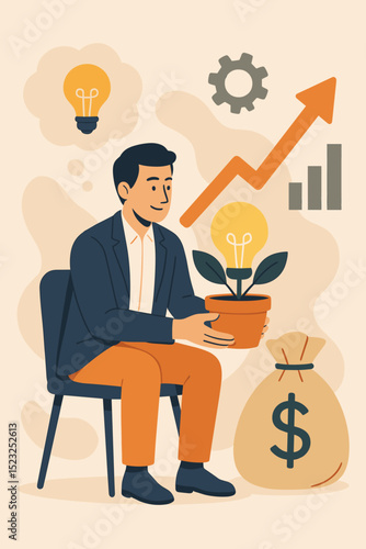 Investor cultivating innovative ideas into profitable growth, symbolizing startup success, investment in bright future, financial progress, and creative business development