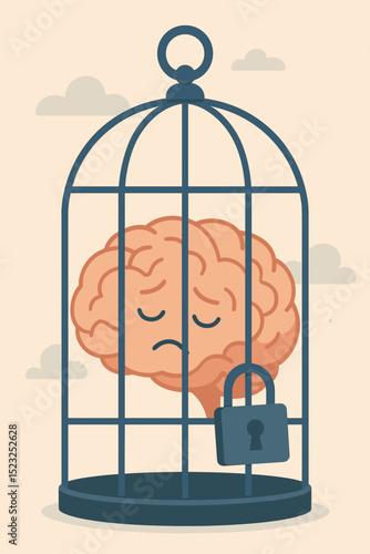 Imprisoned brain in a locked birdcage with a sad expression symbolizing mental health issues, cognitive restriction, limited thinking, and anxiety. Brain illness and trapped mind.