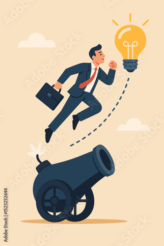 Businessman launched by a cannon towards a bright lightbulb, symbolizing the powerful launch of a new business idea, brilliant innovation, and entrepreneurial success