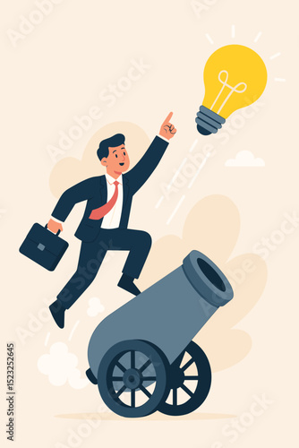 Businessman launching brilliant new business idea. Entrepreneur aiming for success and innovation. Concept of start-up, creativity, genius, opportunity, solution, and growth.