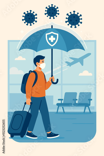 Traveler in medical mask with umbrella protecting from virus at airport. Global pandemic, safe travel and health insurance concept. Coronavirus prevention while traveling