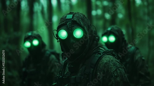 Three soldiers in camouflage gear with glowing green goggles stand in a dark forest. The atmosphere is tense and mysterious, suggesting a covert operation.