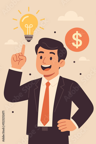 Businessman having a brilliant idea, pointing up at a shining light bulb. Financial success, new profit concept, creative innovation, and business solution