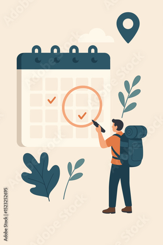 Backpacker planning travel schedule, marking dates on a calendar with a pen. Backpacking adventure, journey organization, trip itinerary creation, and destination pin map icon.