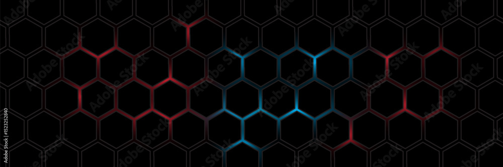 Abstract dark hexagon pattern on red neon background technology style. Modern futuristic geometric shape web banner design. You can use for cover template, poster, flyer, print ad. Vector illustration Abstract dark hexagon pattern on red neon background technology style. Modern futuristic geometric shape web banner design. You can use for cover template, poster, flyer, print ad. Vector illustration