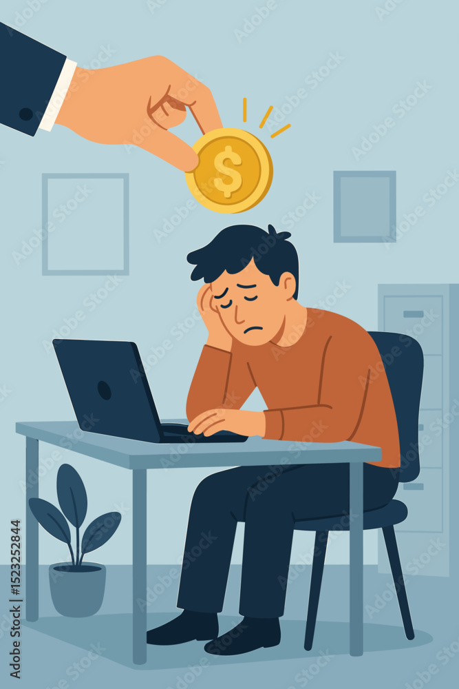Financial incentive offering for boring unmotivated work, employee motivation, tired worker. Hand holding money coin for boring job, salary, low energy, burnout. Financial incentive offering for boring unmotivated work, employee motivation, tired worker. Hand holding money coin for boring job, salary, low energy, burnout.