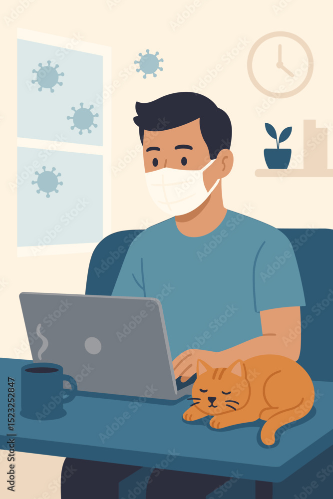 Man wearing face mask working from home on laptop during COVID-19 pandemic. Remote work, quarantine, self-isolation concept with cat. Coronavirus prevention. Man wearing face mask working from home on laptop during COVID-19 pandemic. Remote work, quarantine, self-isolation concept with cat. Coronavirus prevention.