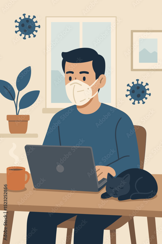 Man in medical mask working remotely on laptop at home during pandemic. Freelancer in quarantine with cat and plants. Self-isolation, coronavirus prevention, online education Man in medical mask working remotely on laptop at home during pandemic. Freelancer in quarantine with cat and plants. Self-isolation, coronavirus prevention, online education