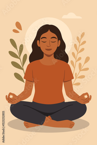 Serene Woman Meditating in Lotus Pose with Closed Eyes, Practicing Mindfulness, Yoga, and Relaxation for Mental Balance, Inner Peace, and Stress Relief in a Calm Environment