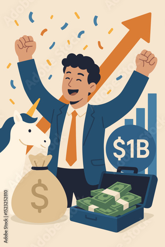 Entrepreneur celebrating billion-dollar success, unicorn startup growth, investment achievement, financial freedom, future wealth with money bag, cash, and rising arrow chart