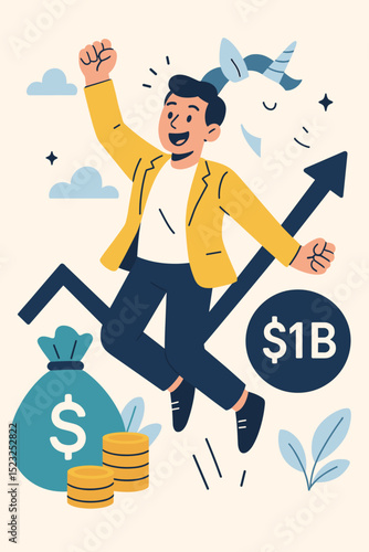 Happy businessman celebrating unicorn startup success. Entrepreneur achieving billion dollar growth, financial freedom, investment, wealth, profit, and revenue. Get money illustration.