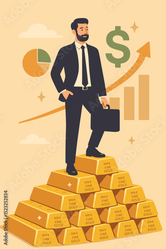 Confident businessman standing on a pyramid of gold bars, symbolizing financial success, wealth growth, investment, and prosperity. Entrepreneur achieves business profits.