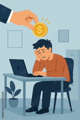 Financial incentive offering for boring unmotivated work, employee motivation, tired worker. Hand holding money coin for boring job, salary, low energy, burnout.